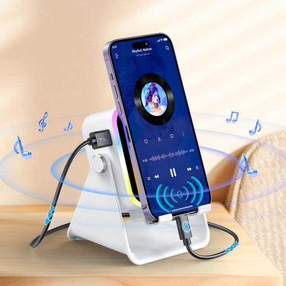 PUTARE Wireless Induction Audio Speaker Stand - 5-in-1 Cell Phone Holder, 3500mAh Rechargeable Emergency Power Bank, 360° Adjustable Mobile Tablet Stand with Colorful Ambient Light - Ideal Gift for Men and Women