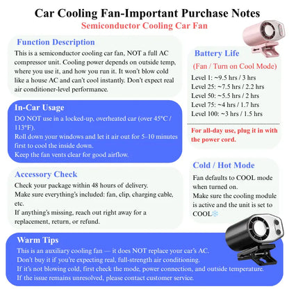 Joytutus Semiconductor Cooling Clip-On Fan - Portable 360° Rotatable Fan with 100-Speed Adjustment, USB Rechargeable, 16℃ Wide Clamp, 3000mAh Battery, LED Display, Ideal Car Accessory for Father's Day